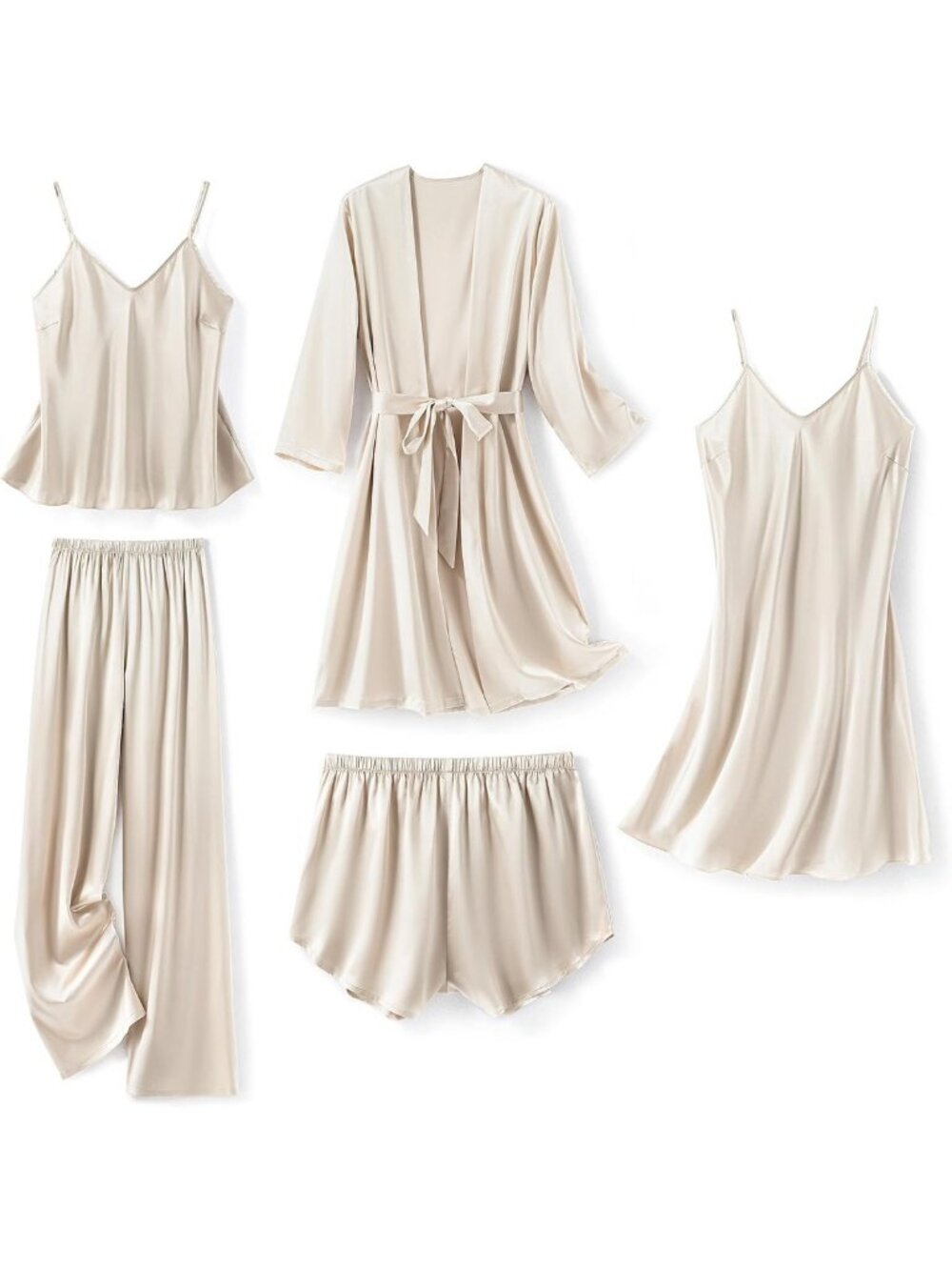 Silk Satin 5-Piece Women's Pajama Set with Robe, Nightgown & Cami Top